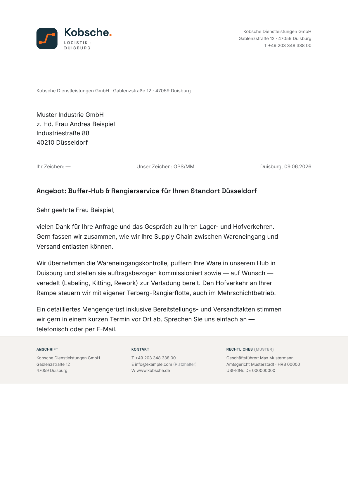 Vorschau des Briefbogens mit Briefkopf, Beispielbrief und Fußzeile