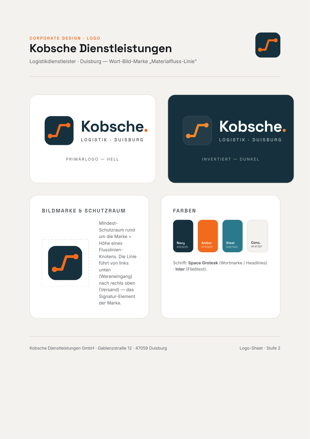 Vorschau des Logo-Sheets mit Primär- und Invers-Logo, Schutzraum und Farben
